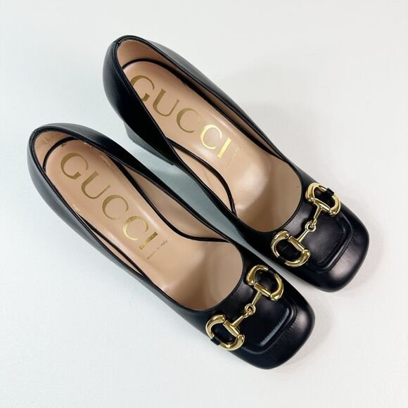 GUCCI Black Baby Bit Horsebit Square Toe Pump Size 40 US 10 Leather Block Heel - Picture 3 of 14